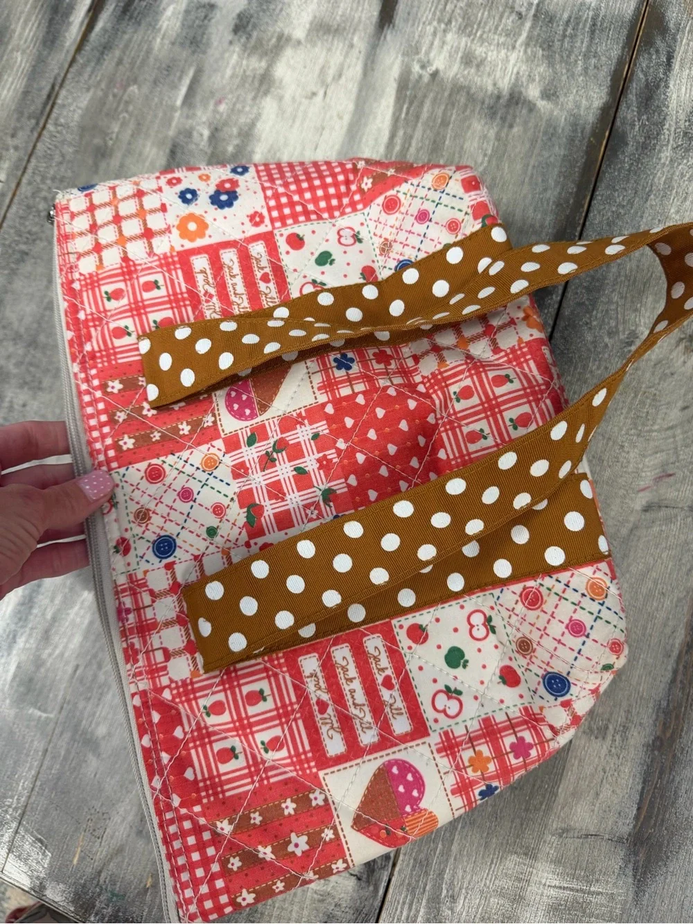 Red Patchwork Western Boho Tote with‎ Brown Polka-Dot Handles